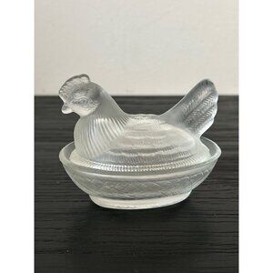 VTG Mini Clear Textured Glass Hen on Nest Dish Salt Cellar Taiwan 2.75" Tall